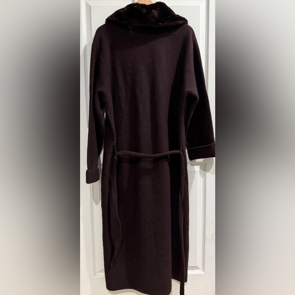 Elegant Brown Cardigan Coatigan 100% Wool w Removable Faux Fur Collar pockets - Picture 2 of 8